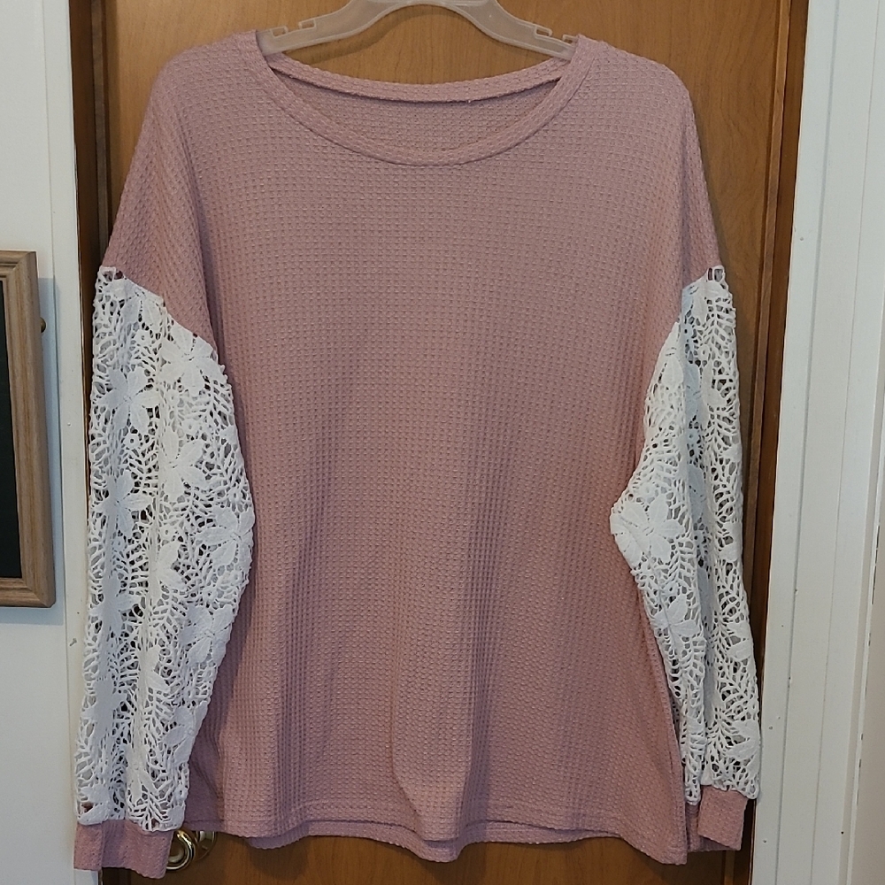 SHEIN Pink Waffle Knit Top with White Lace Sleeves